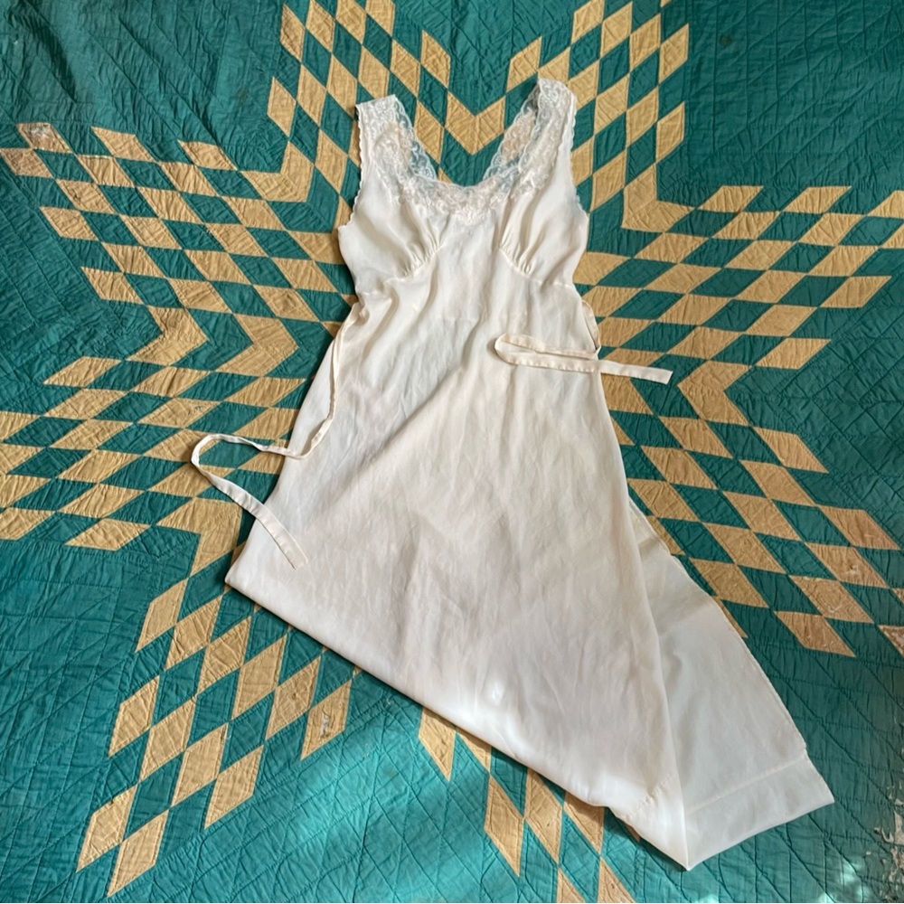 1940s bias cut slip dress with lace detailing and tie back